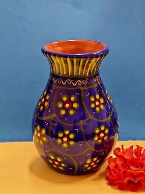 Hand-Painted Blue With Yellow Flowers Ceramic Glazed 5" Tall Vase